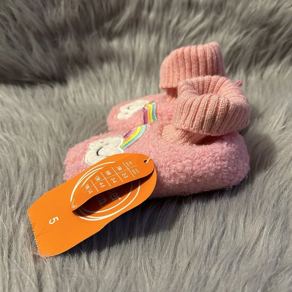 Wonder Nation Slippers Baby Girl's Size 5 Pink Fuzzy Rainbow Bootie Shoes NEW